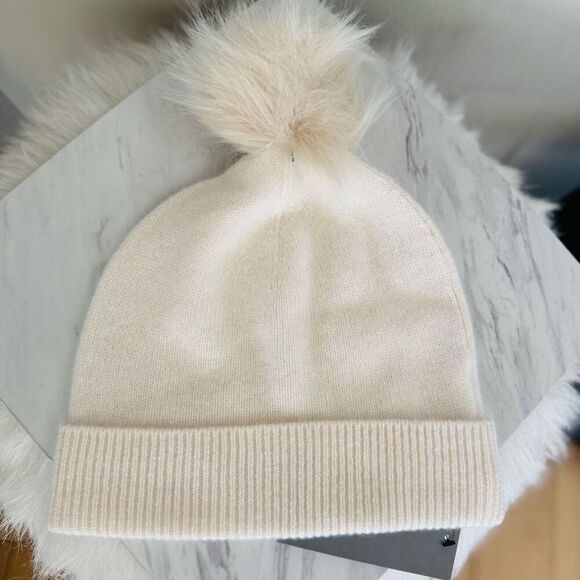 Nordstrom Faux Fur Cashmere Pompom Beanie, Pink, 100% Ivory Cream, NWT - Picture 1 of 10